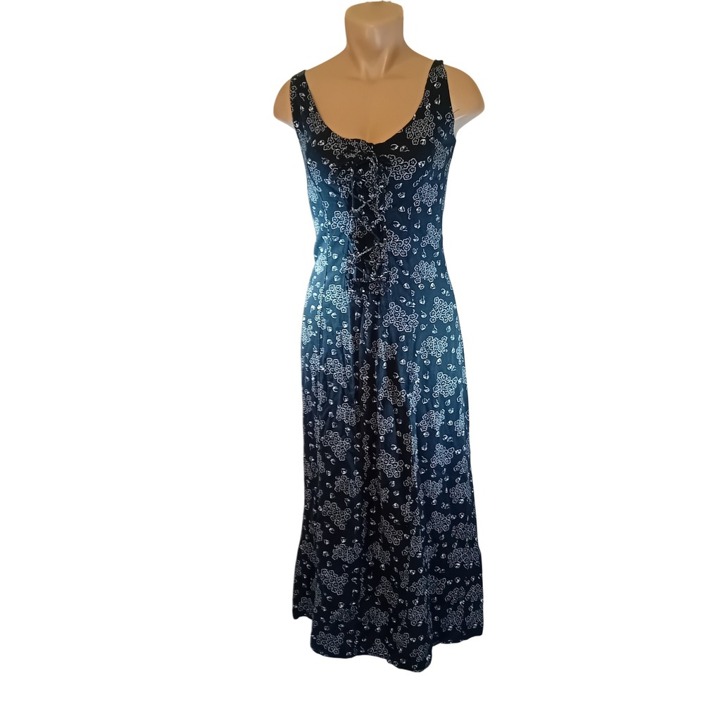Vintage‎ 90s Chablis Maxi Floral Lace Up Corset Navy Dress Whimsigoth Grunge 7/8